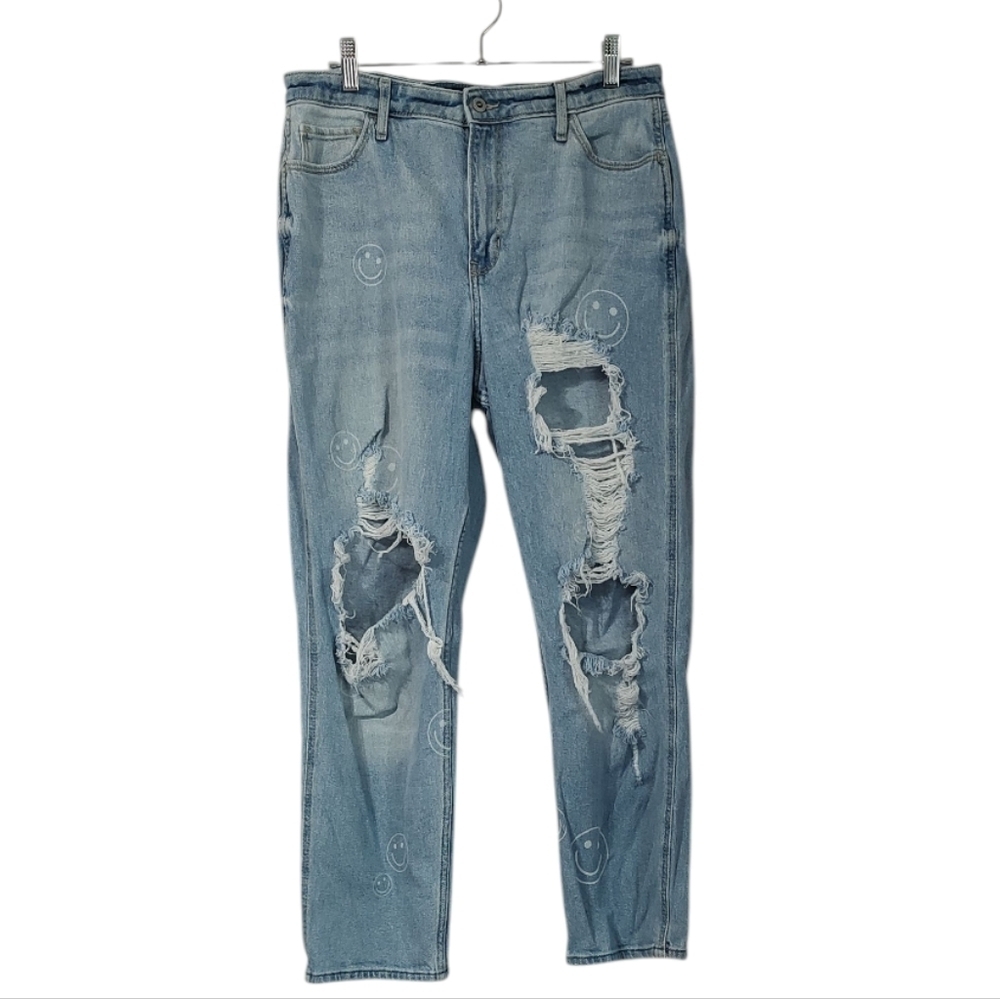 Hollister Smiley Face Ultra High Rise Mom Distressed Jeans Size 13R